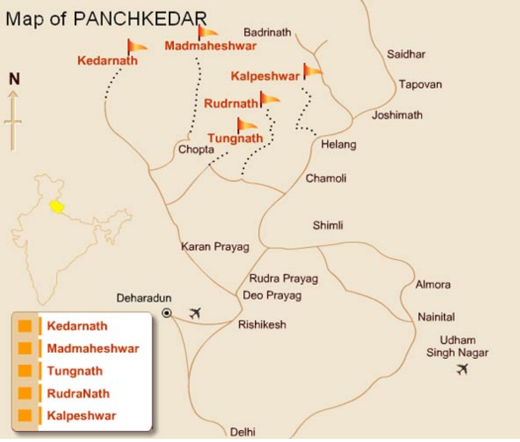 पंच केदार रास्ते का नक्शा [Map of Panchkedar]